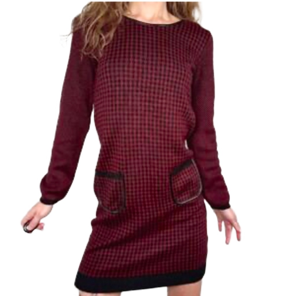 Nine West Sweater Dress with Front Pockets Red and Black Houndstooth Size S